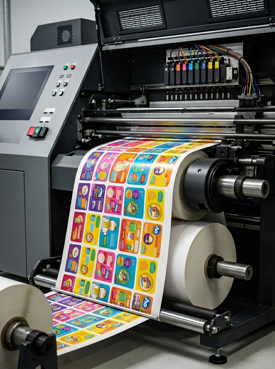 Impressão de rótulos coloridos em máquina industrial